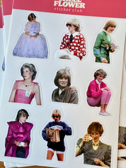 A sheet of die-cut stickers featuring multiple portraits of Princess Diana in different outfits, with a red header at the top that reads 'FLOWER sticker club'.