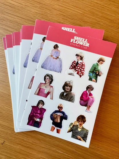 A stack of sticker sheets from Shell Flower Sticker Club featuring various Princess Diana stickers, displayed on a wooden tabletop.