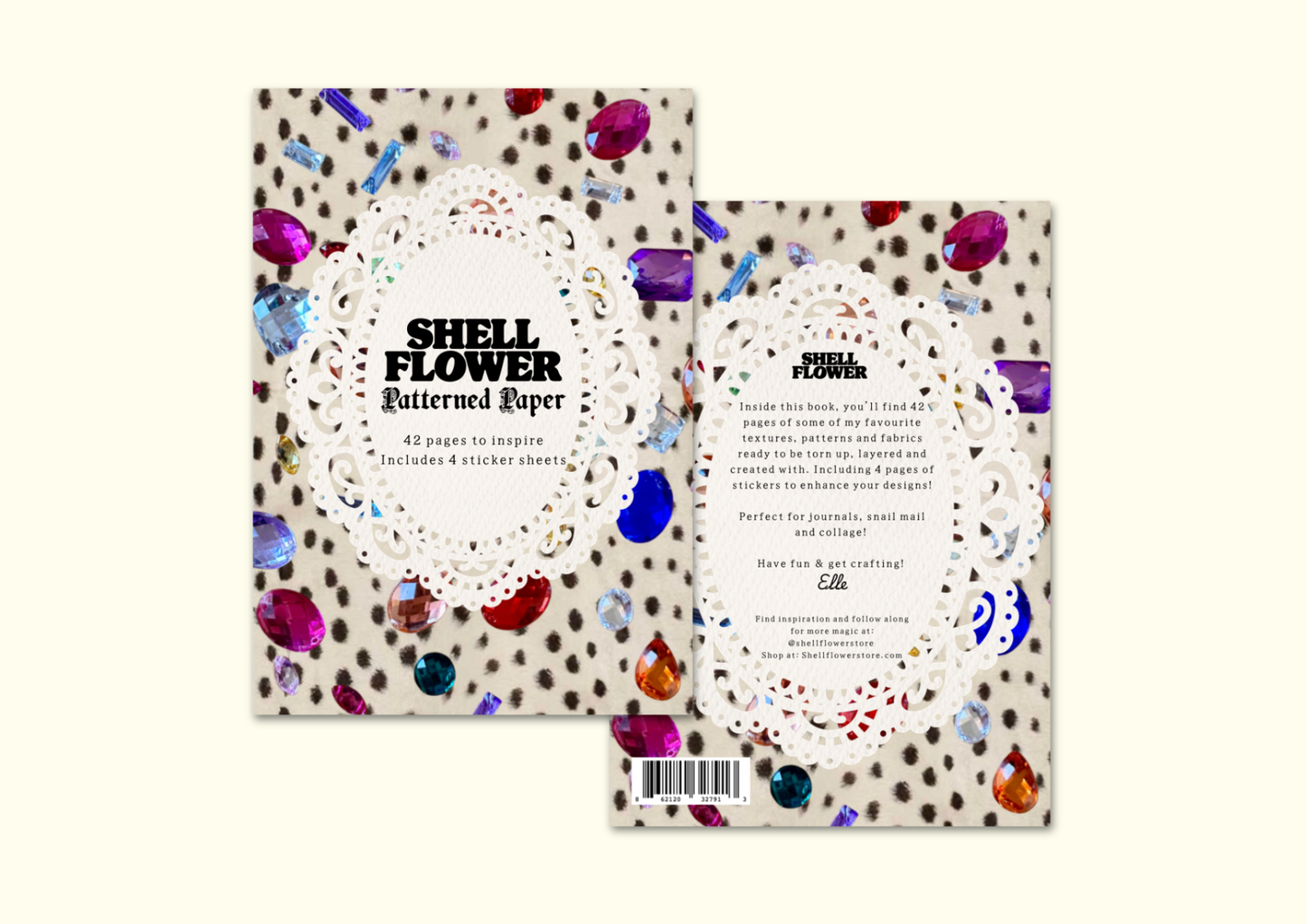 Front and back views of a 'Shell Flower' cuttable paper pack, featuring a beige background with brown spots, a white lace doily design, and colorful jewel stickers, set against a solid cream background.