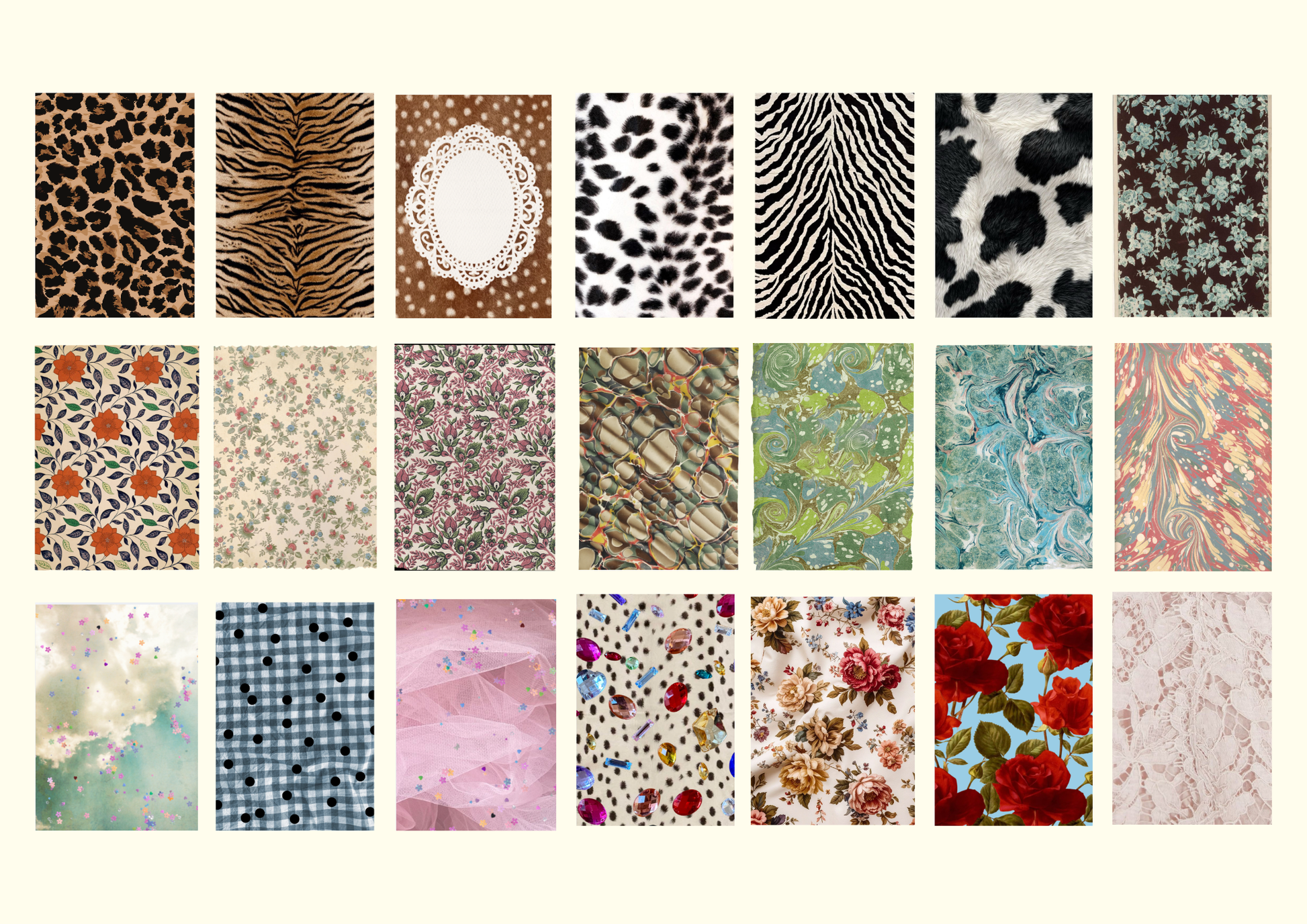 A grid of 18 rectangular fabric or wallpaper pattern swatches arranged in three rows on a light cream background. The patterns include leopard print, zebra print, floral, gingham, pink tulle, and abstract designs in many colors.
