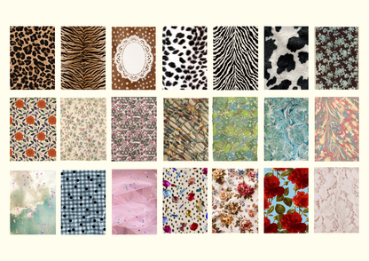 A grid of 18 rectangular fabric or wallpaper pattern swatches arranged in three rows on a light cream background. The patterns include leopard print, zebra print, floral, gingham, pink tulle, and abstract designs in many colors.