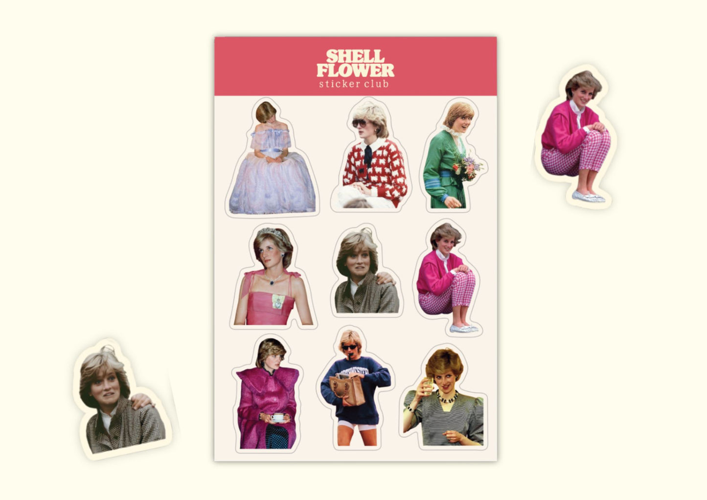 A sticker sheet and individual die-cut stickers featuring princess Diana Shell Flower, displayed on a light cream background.