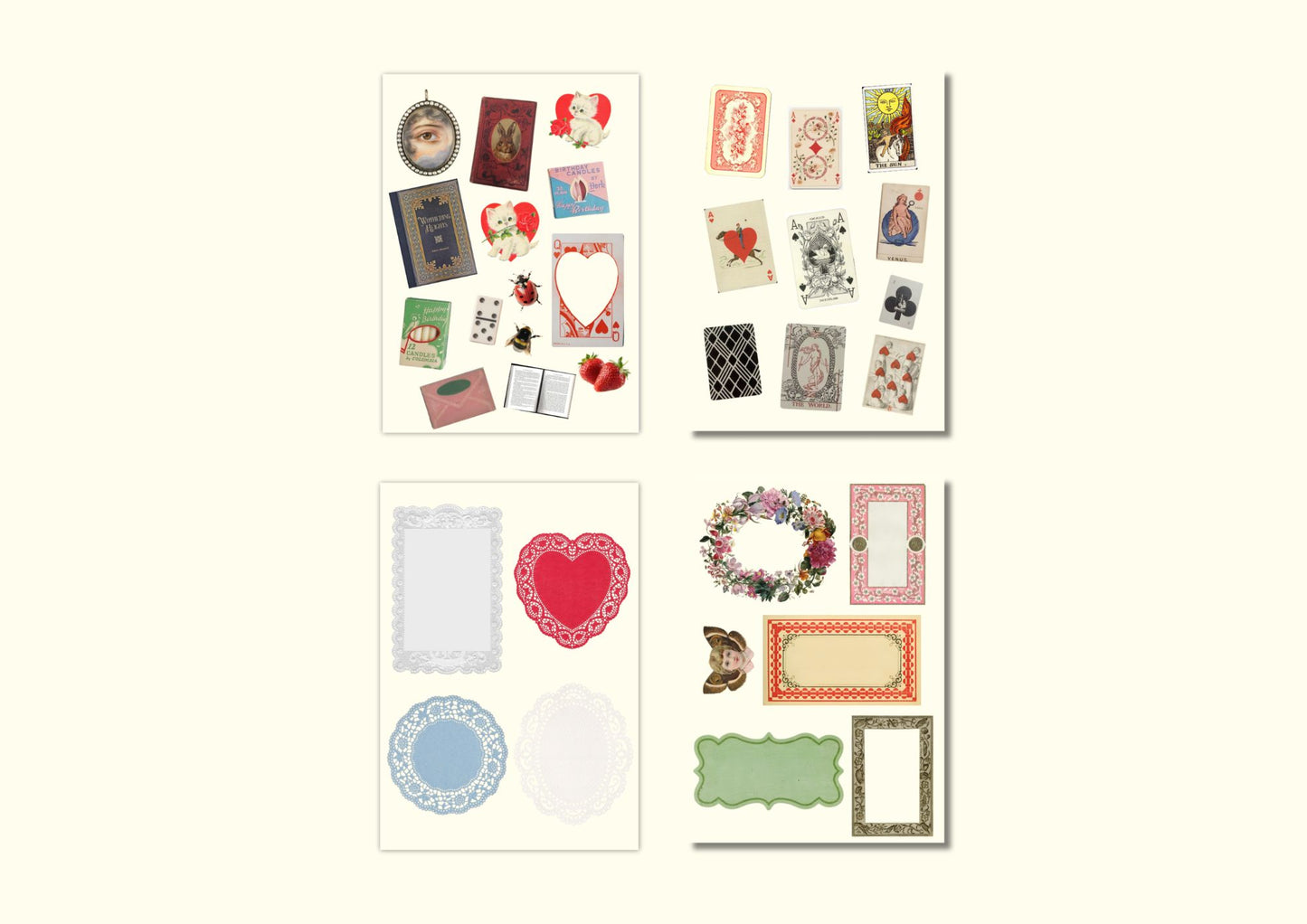 Four sheets of decorative stickers featuring vintage-style frames, hearts, floral wreaths, and small illustration cards on a light cream background.