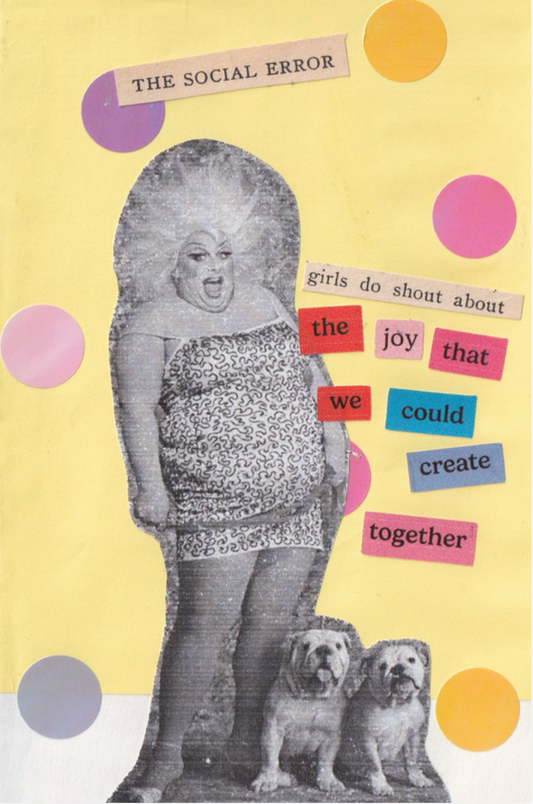 Collage with a person, dogs, and text on a yellow background